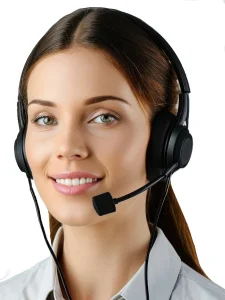 An operator with a headset is smiling at the camera