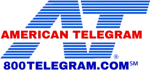 American Telegram's® logo: Captial AT written in blue stripes across a white background with "American Telegram" written in red block letters across the middle of AT and 800TELEGRAM.COM in darker blue letters across the bottom.